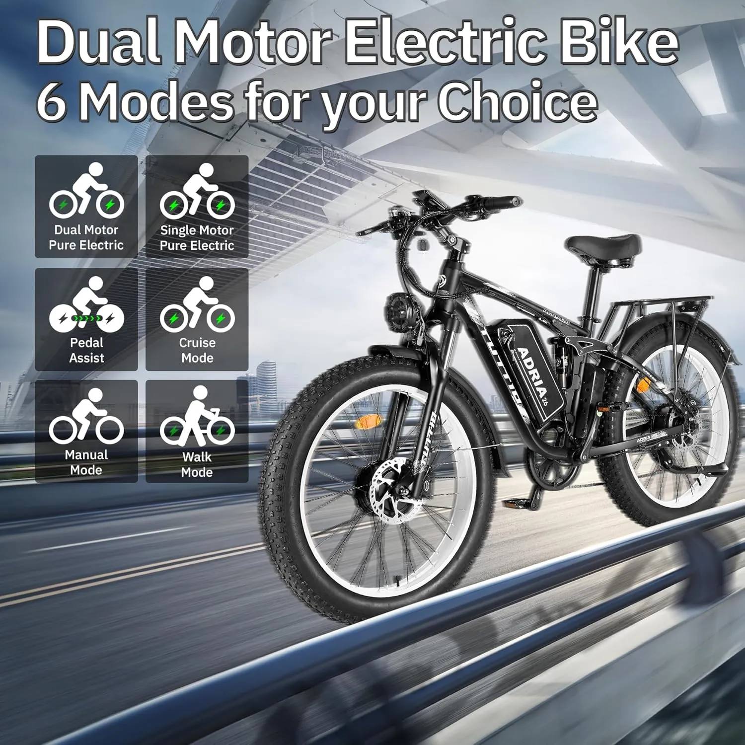 TUTTIO Electric-Bike for Adults-Men, Dual-Motor-Ebike 40-46MPH-Hunting-Ebike, 52V 30AH Long Range Dirtbike, 26" Fat-Tire-Electric-Bicycle, Full Suspension Mountain Bike for Off-Road Snow Sand