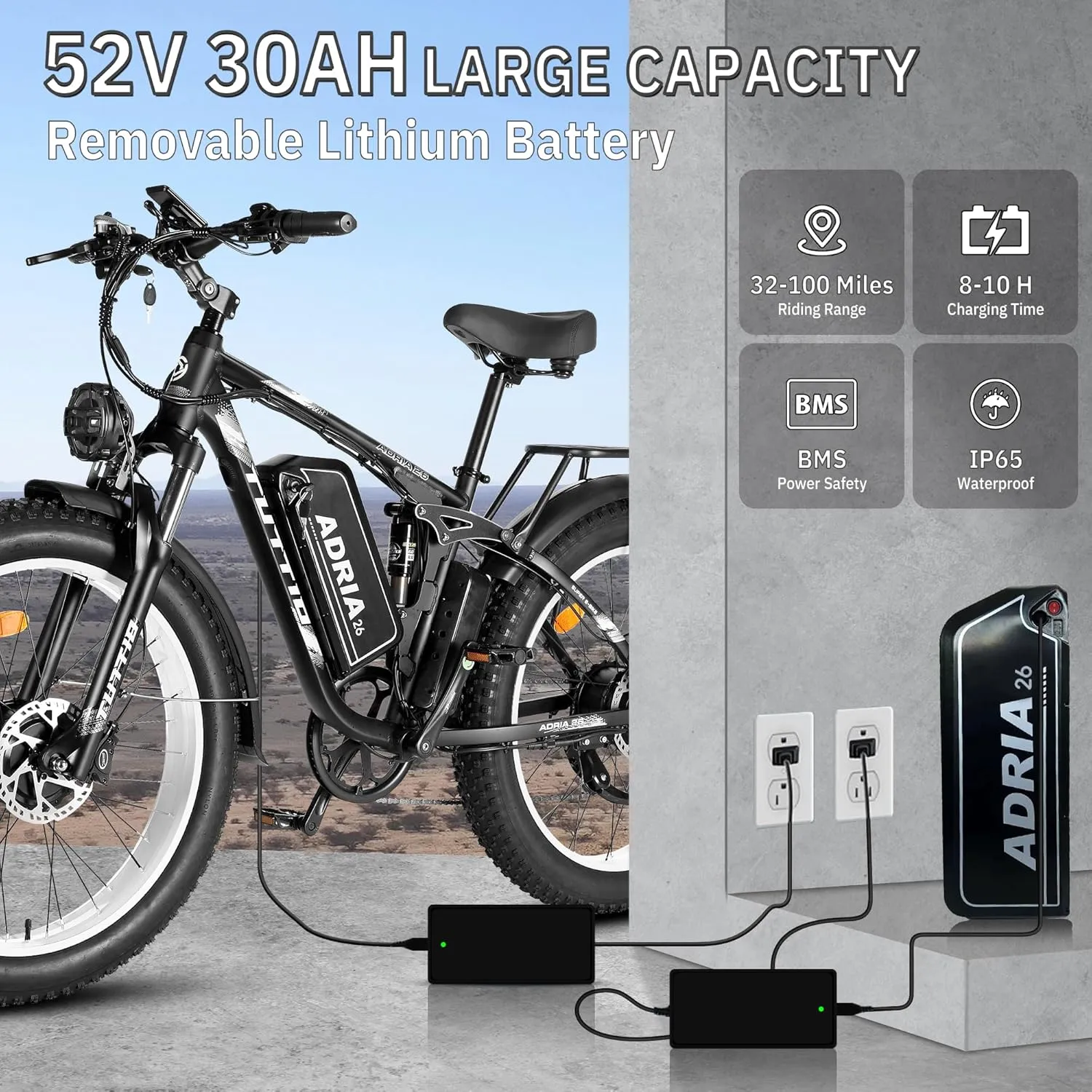 TUTTIO Electric-Bike for Adults-Men, Dual-Motor-Ebike 40-46MPH-Hunting-Ebike, 52V 30AH Long Range Dirtbike, 26" Fat-Tire-Electric-Bicycle, Full Suspension Mountain Bike for Off-Road Snow Sand
