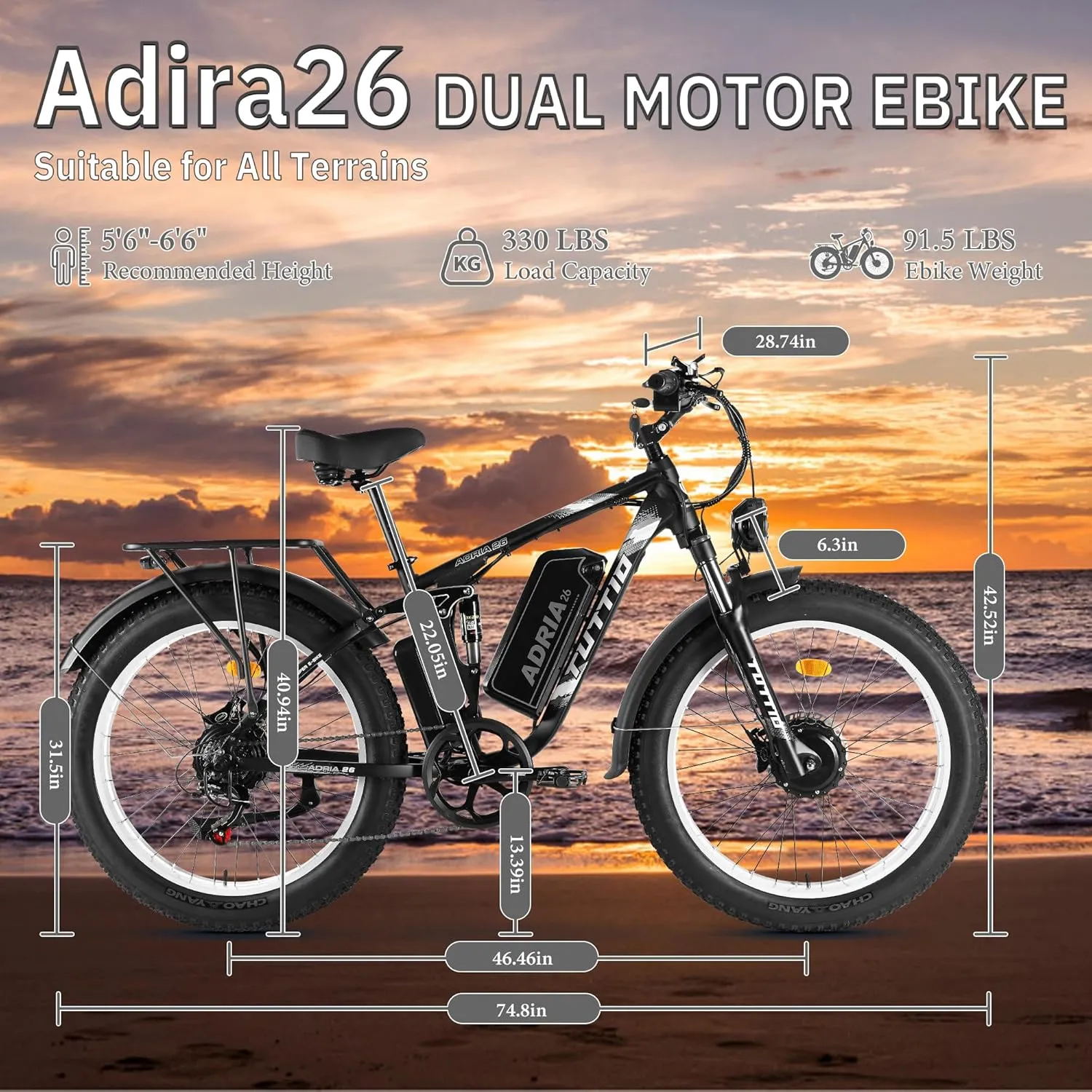 TUTTIO Electric-Bike for Adults-Men, Dual-Motor-Ebike 40-46MPH-Hunting-Ebike, 52V 30AH Long Range Dirtbike, 26" Fat-Tire-Electric-Bicycle, Full Suspension Mountain Bike for Off-Road Snow Sand
