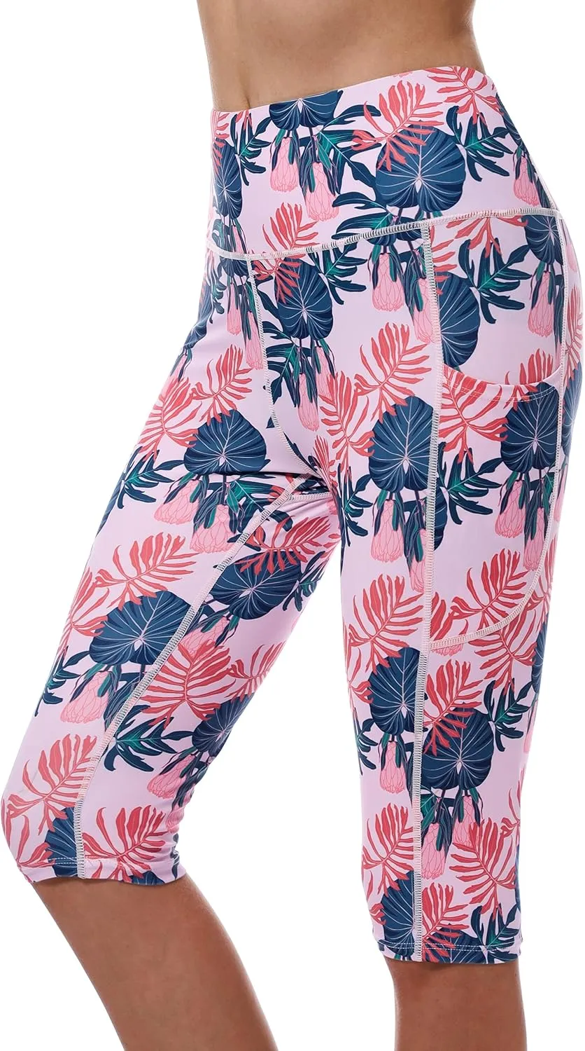 Womens UPF50  Swim Capris High Waisted Swim Pants Tummy Control Knee Length Long Swim Shorts with Pockets Quick Dry
