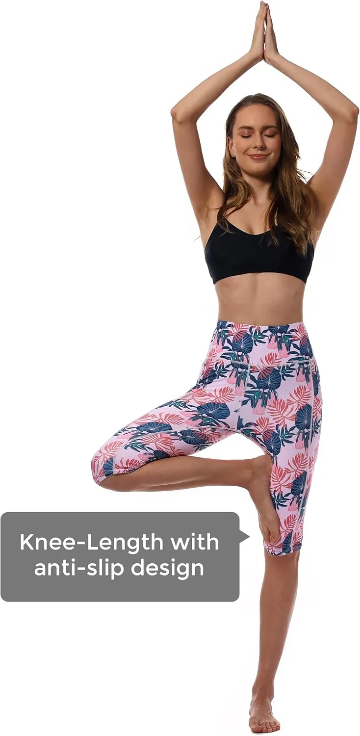 Womens UPF50  Swim Capris High Waisted Swim Pants Tummy Control Knee Length Long Swim Shorts with Pockets Quick Dry
