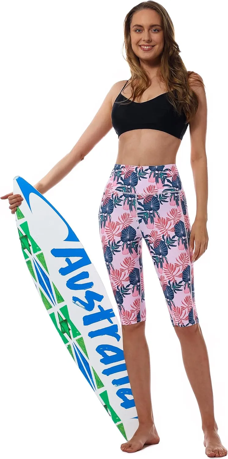 Womens UPF50  Swim Capris High Waisted Swim Pants Tummy Control Knee Length Long Swim Shorts with Pockets Quick Dry