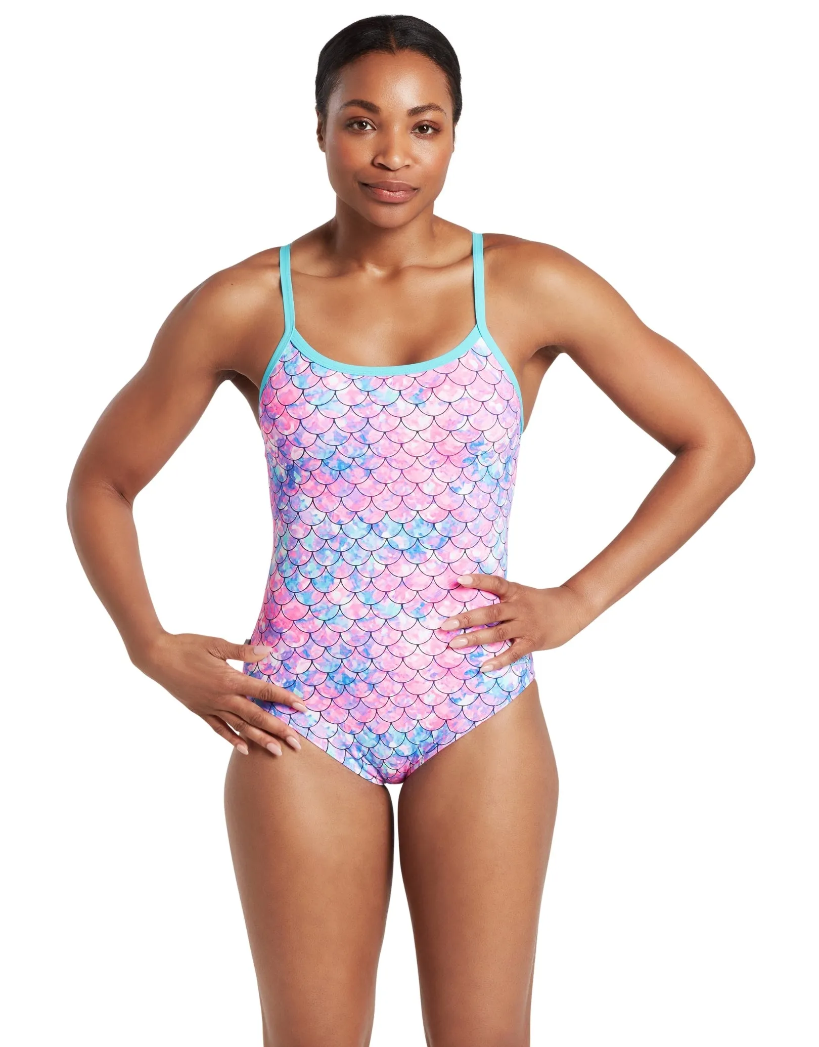 Zoggs Sirene Sparkle Thermal Ecofeel Strikeback Swimsuit - Aqua/Pink